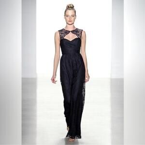 Amsale Black Lace Key Hole Front Back Cut Out Neckline Floor Length Gown Size 6